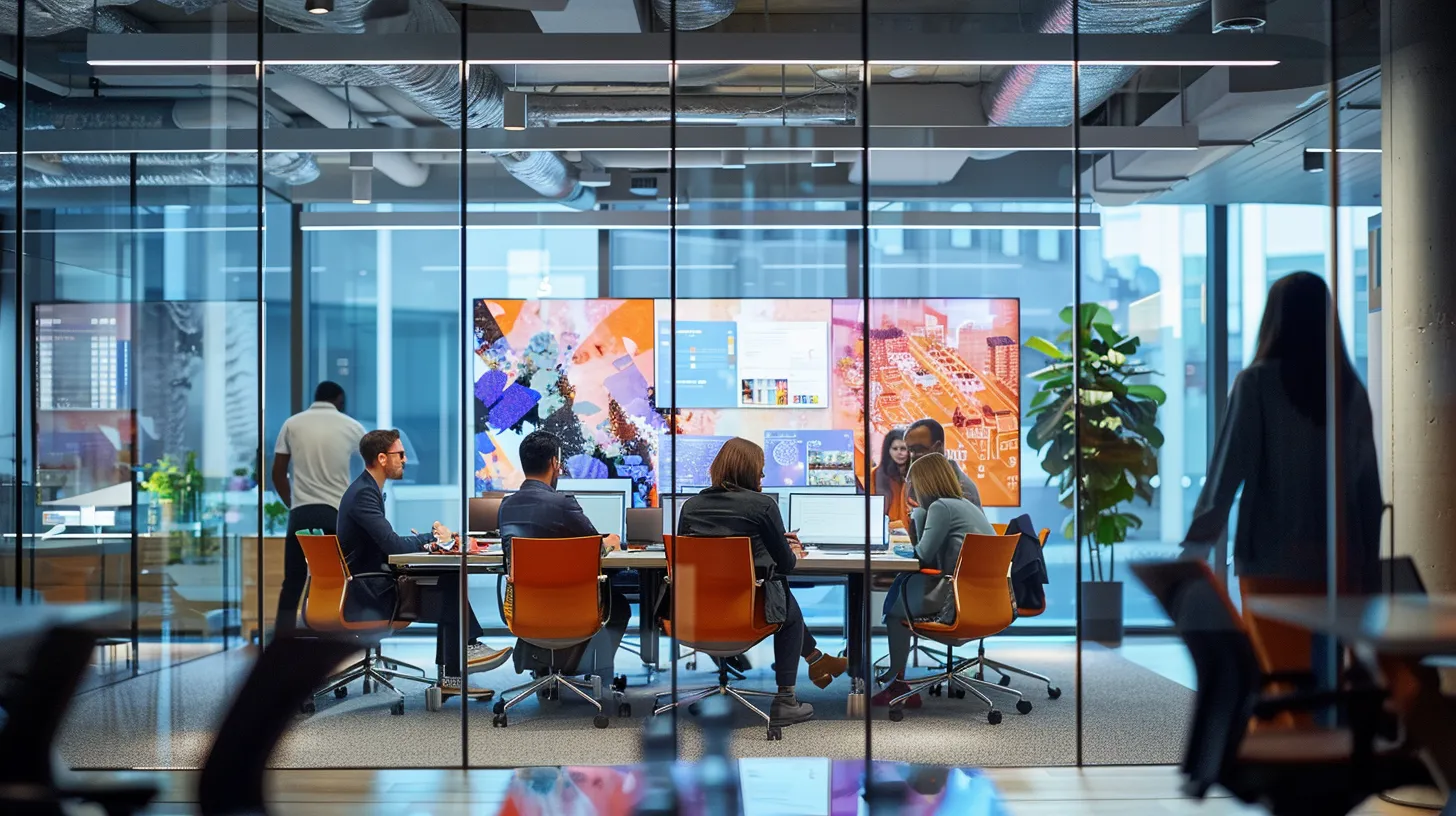 a modern, bustling office with sleek glass walls, vibrant digital displays, and dynamic teams engaged in collaborative discussions, capturing the essence of innovative teamwork in the heart of a city.
