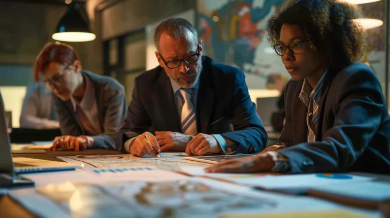 a sharply contrasted office setting features a diverse group of legal professionals intensely collaborating over a detailed map and documents, symbolizing the complex process of suing a foreign government.