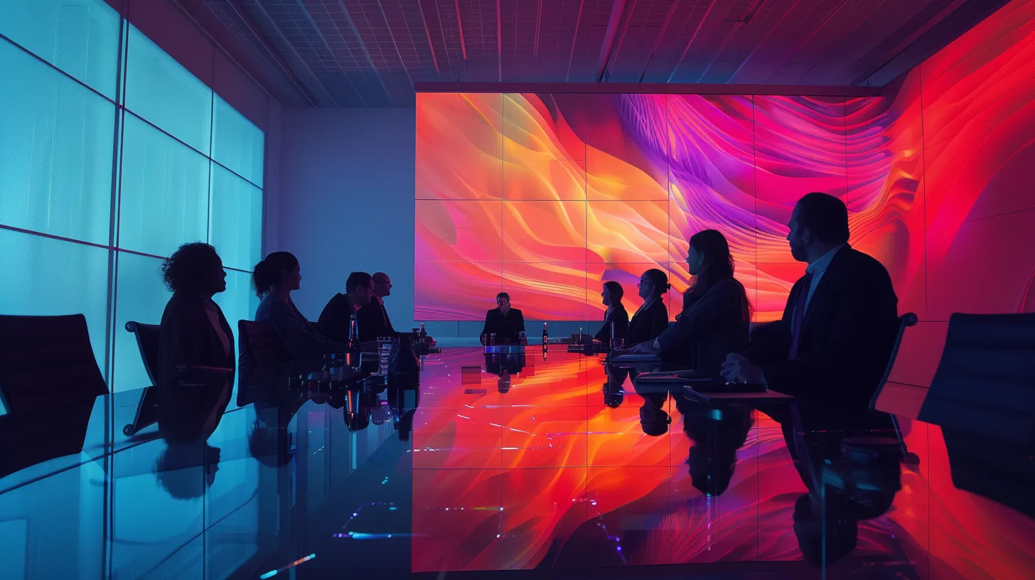 a sleek, modern conference room bathed in warm artificial light showcases a dynamic team engaging in a spirited brainstorming session around a large glass table, with vibrant digital presentations reflecting innovative ideas on the walls.