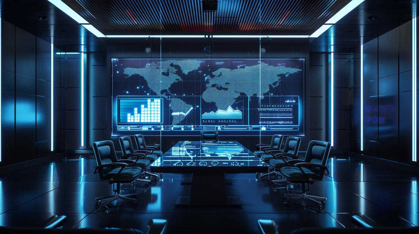a sleek, modern conference room bathed in ambient lighting showcases a large digital screen displaying dynamic data analytics, emphasizing innovation and collaboration in a corporate setting.