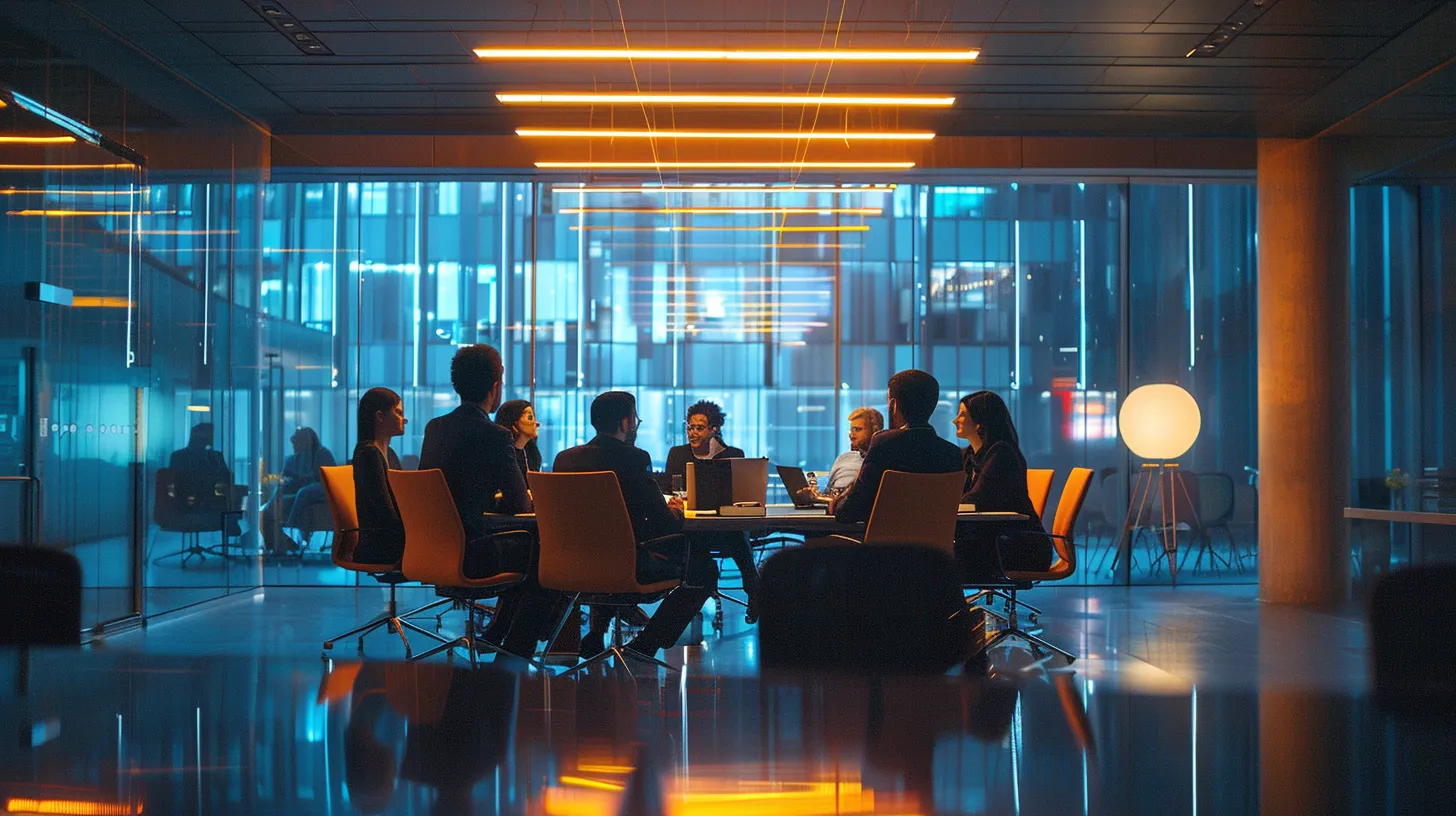 a sleek, modern conference room is illuminated by sharp overhead lighting, showcasing a diverse group of professionals engaged in a dynamic brainstorming session around a polished glass table.