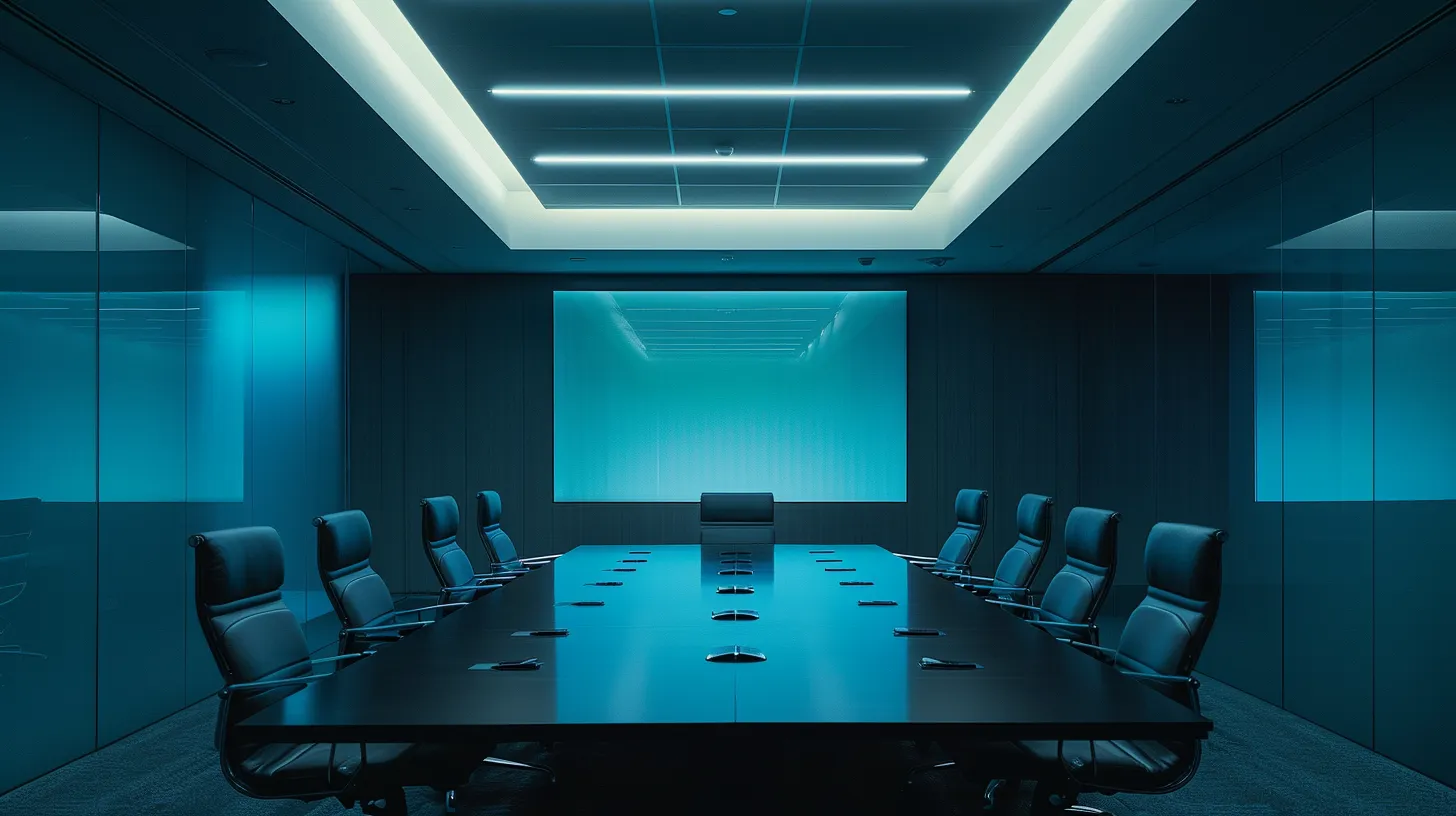 a sleek, modern office space, bathed in cool blue and gray tones, features a sophisticated conference table surrounded by ergonomic chairs, glowing with warm artificial light that highlights a dynamic digital presentation projected on a high-tech screen.