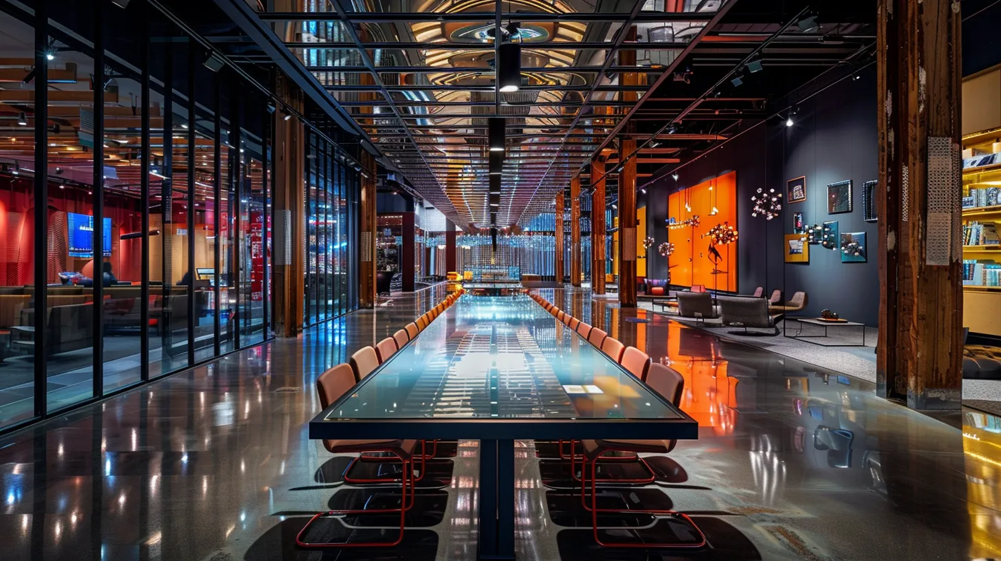 a sleek, modern office space features a long glass conference table surrounded by high-backed chairs, illuminated by dramatic overhead lighting, conveying an atmosphere of innovation and collaboration.