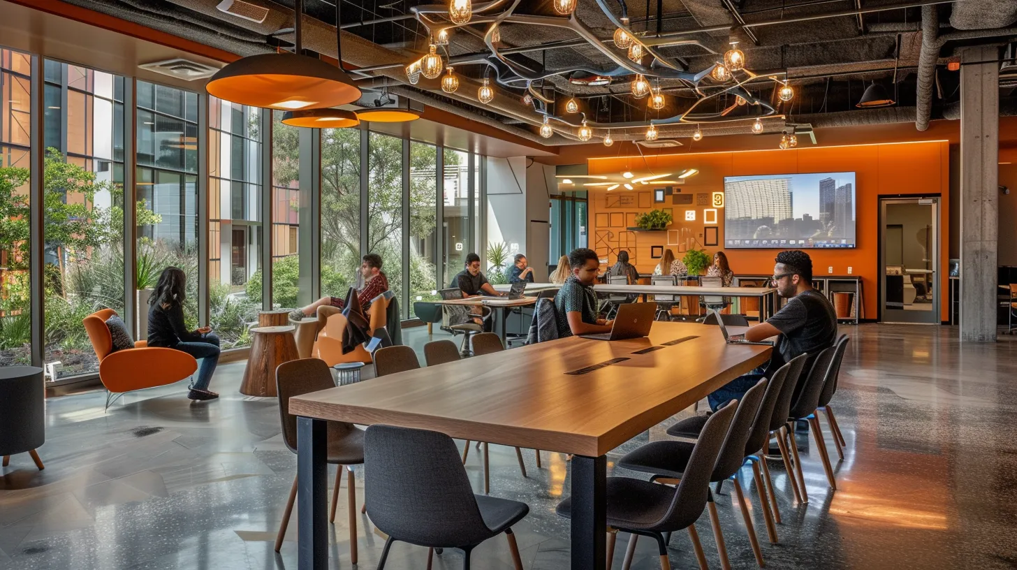 a sleek, modern office space showcases a vibrant brainstorming session, with diverse professionals actively exchanging ideas around a polished conference table illuminated by bright overhead lights.