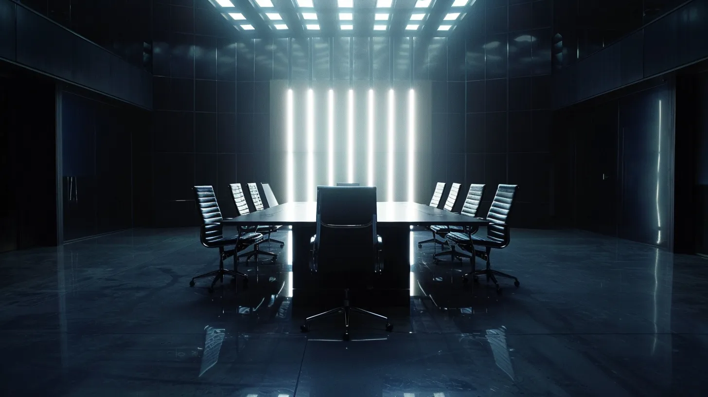 a sleek, modern office space is illuminated by soft, ambient lighting, showcasing a central, polished conference table surrounded by elegant chairs, emphasizing a sense of collaboration and innovation.