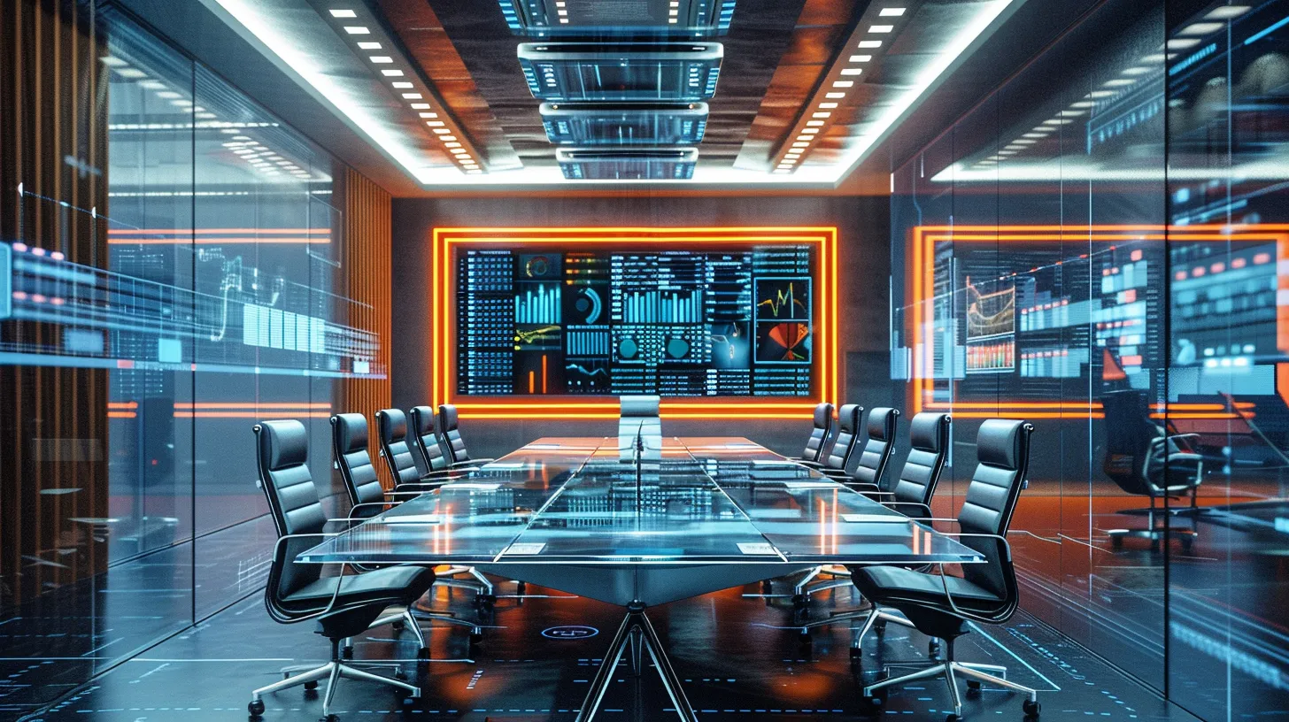 a sleek, modern office space features a large, polished conference table surrounded by comfortable, stylish chairs, with vibrant digital screens displaying innovative data visualizations that emphasize a dynamic business environment.