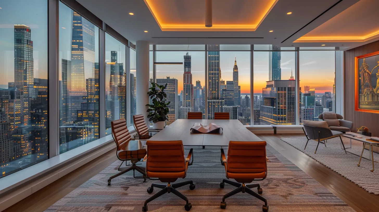 a sleek, modern office space is lined with large glass windows showcasing a bustling city skyline, where diverse professionals are engaged in a dynamic brainstorming session around a minimalist conference table, illuminated by bright, artificial lighting that emphasizes a vibrant and innovative atmosphere.