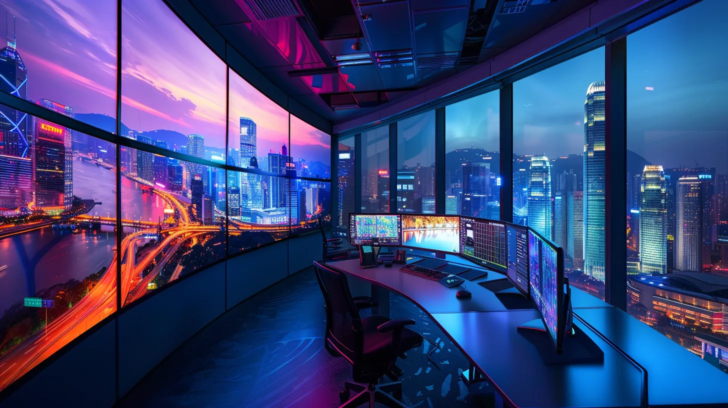 a sleek, modern office with a panoramic city view, featuring a sophisticated desk setup with advanced technology and vibrant visual displays, exuding an atmosphere of innovation and professionalism.