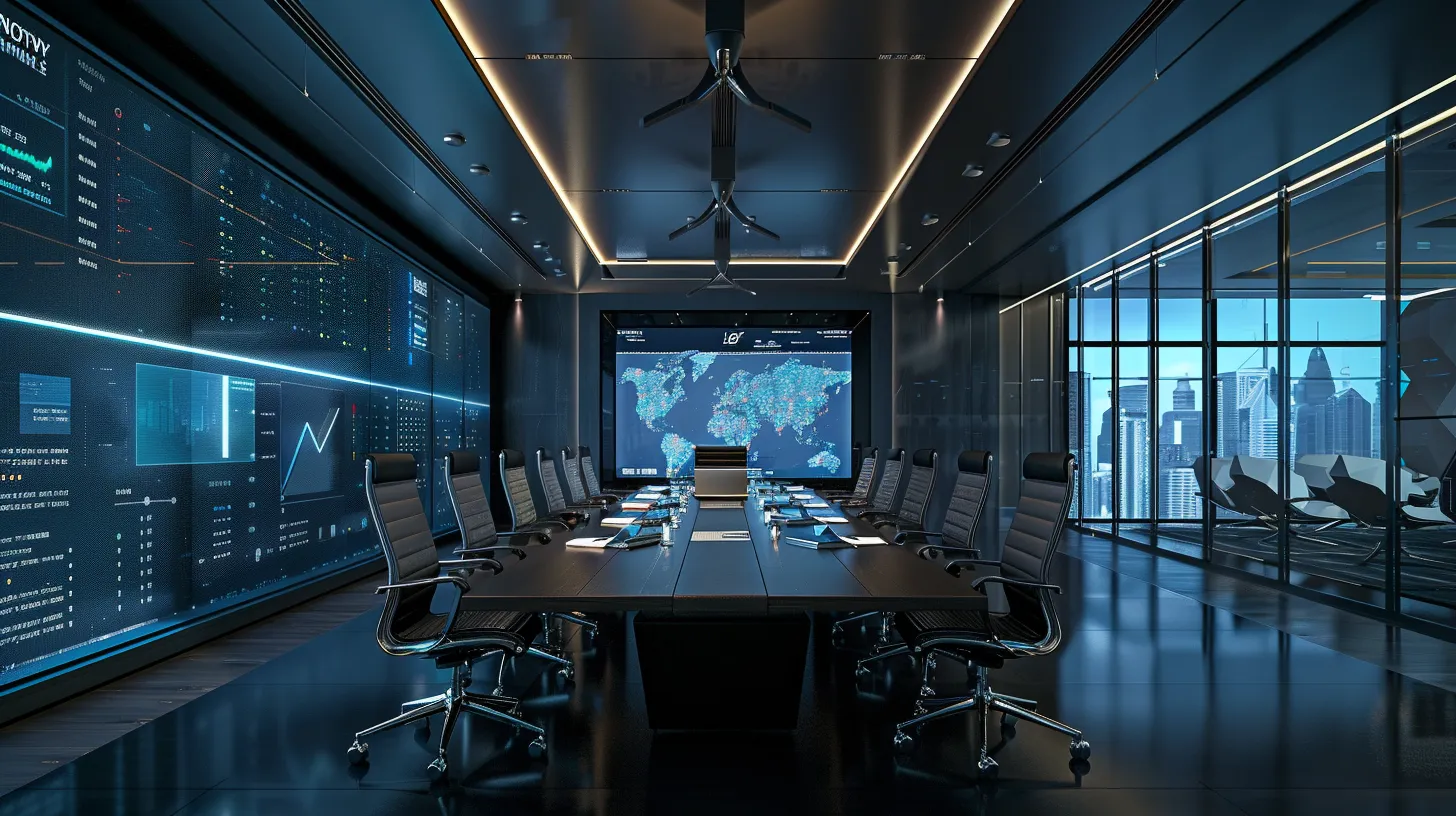 a sleek, modern office workspace bathed in soft artificial light showcases a polished conference table surrounded by elegant chairs, with a large digital screen displaying dynamic graphs and data analysis, creating an atmosphere of collaboration and innovation.