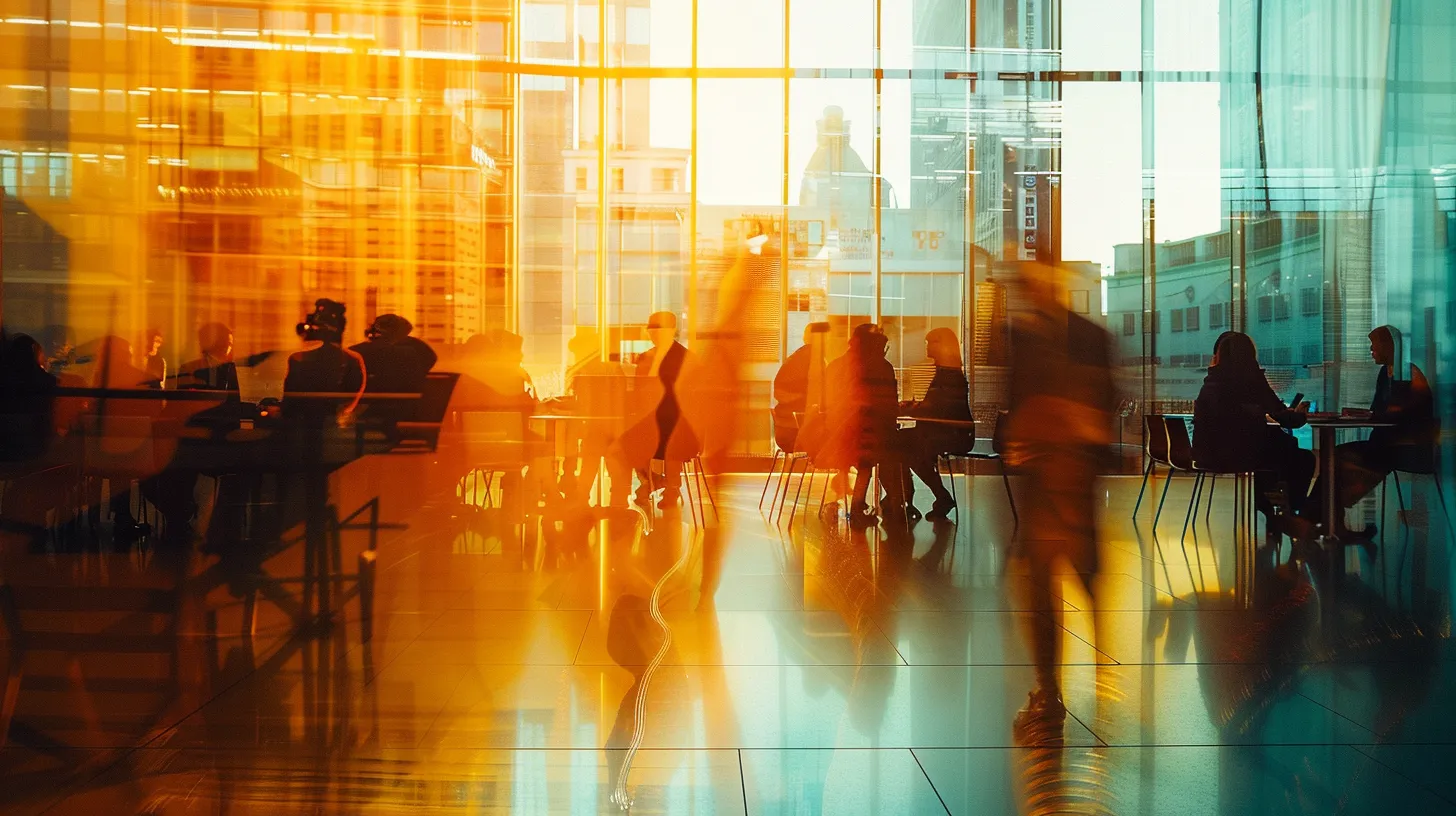 a vibrant, modern office bustling with professionals engaged in dynamic discussions around sleek, glass conference tables, showcasing a blend of innovative technology and collaborative spirit.