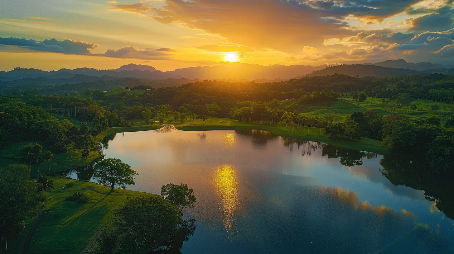 a vibrant sunset casts a warm golden glow over a tranquil lake, reflecting the colorful sky and surrounded by lush greenery, evoking a sense of peace and serenity.