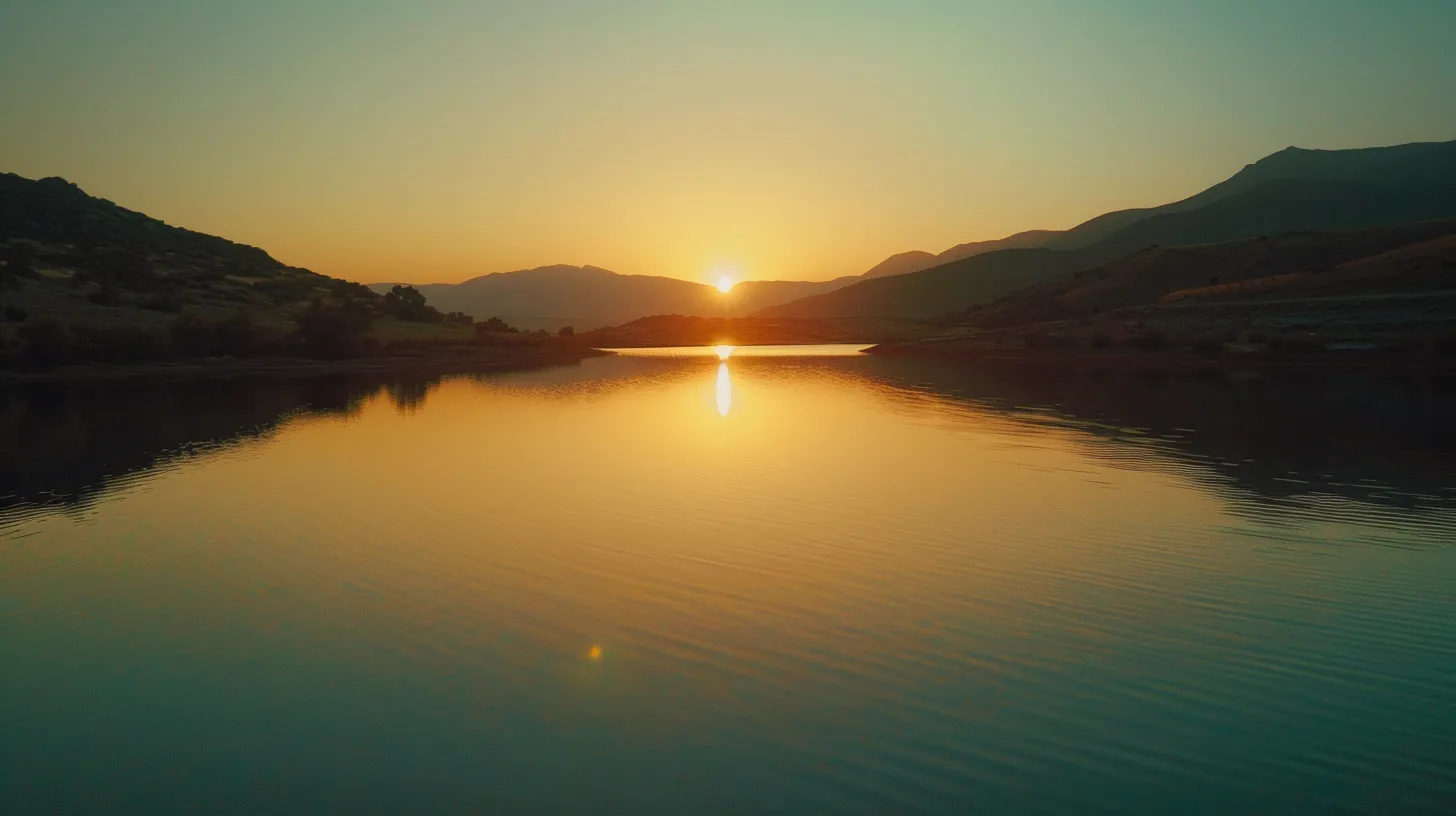 a vibrant sunset casts a golden glow over a serene lake, with majestic mountains reflecting perfectly in the still water.