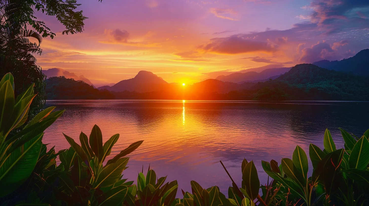a vibrant sunset casts a warm glow over a serene lake, reflecting brilliant hues of orange and purple against the still water, framed by lush greenery and soft silhouettes of distant mountains.