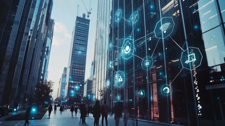 City street with modern skyscrapers and digital energy icons representing connectivity, technology, and smart city solutions, reflecting themes of energy law and international energy transactions.