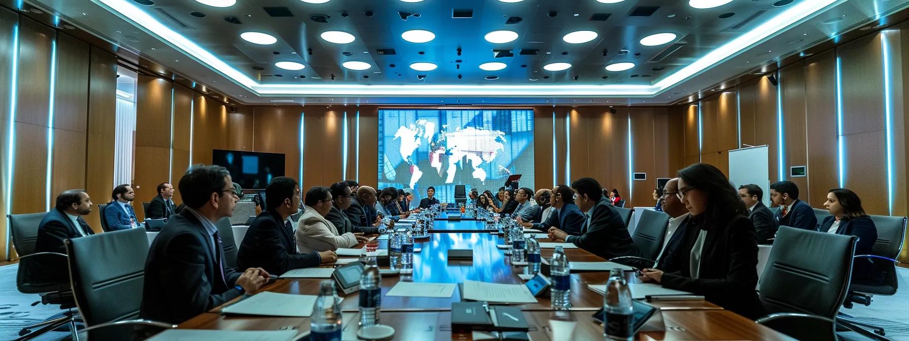 a dynamic conference room filled with engaged investors and government officials participating in a structured roundtable discussion, illuminated by overhead lights, emphasizing collaboration and strategic dialogue.