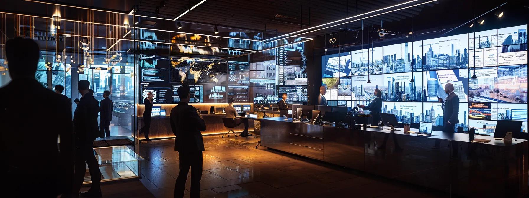 a modern office environment with multiple digital screens displaying real-time legislative updates, charts illustrating investment risks, and a focused team of professionals engaged in strategic discussions about political changes affecting global investments.