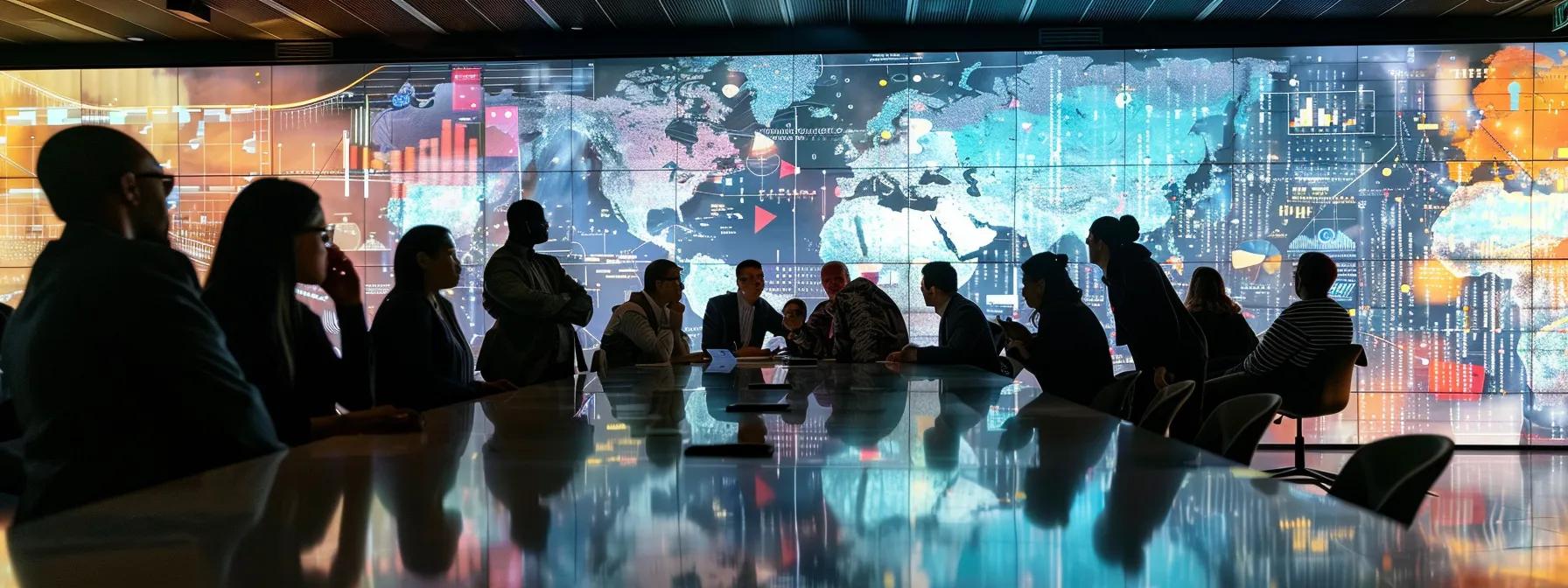 a modern office space showcases a sleek conference table surrounded by diverse professionals engaged in a strategic discussion, with digital maps and financial graphs projected on large screens, symbolizing global investment diversification and risk management.
