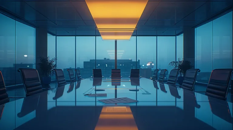 a polished conference room, illuminated by warm overhead lighting, features a sleek glass table at the center surrounded by modern chairs, with a detailed contract prominently displayed, emphasizing the critical elements of a contractual agreement.