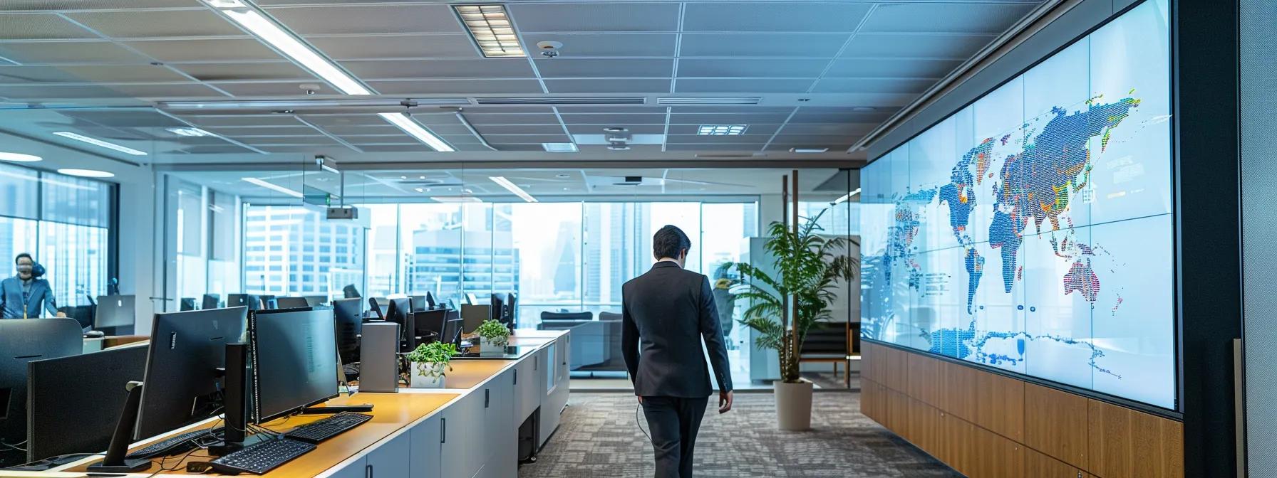 a professional investor, focused and analytical, reviews a map highlighting high-risk jurisdictions for international investments in a modern office setting, illuminated by sharp overhead lighting and surrounded by screens displaying political and economic data.