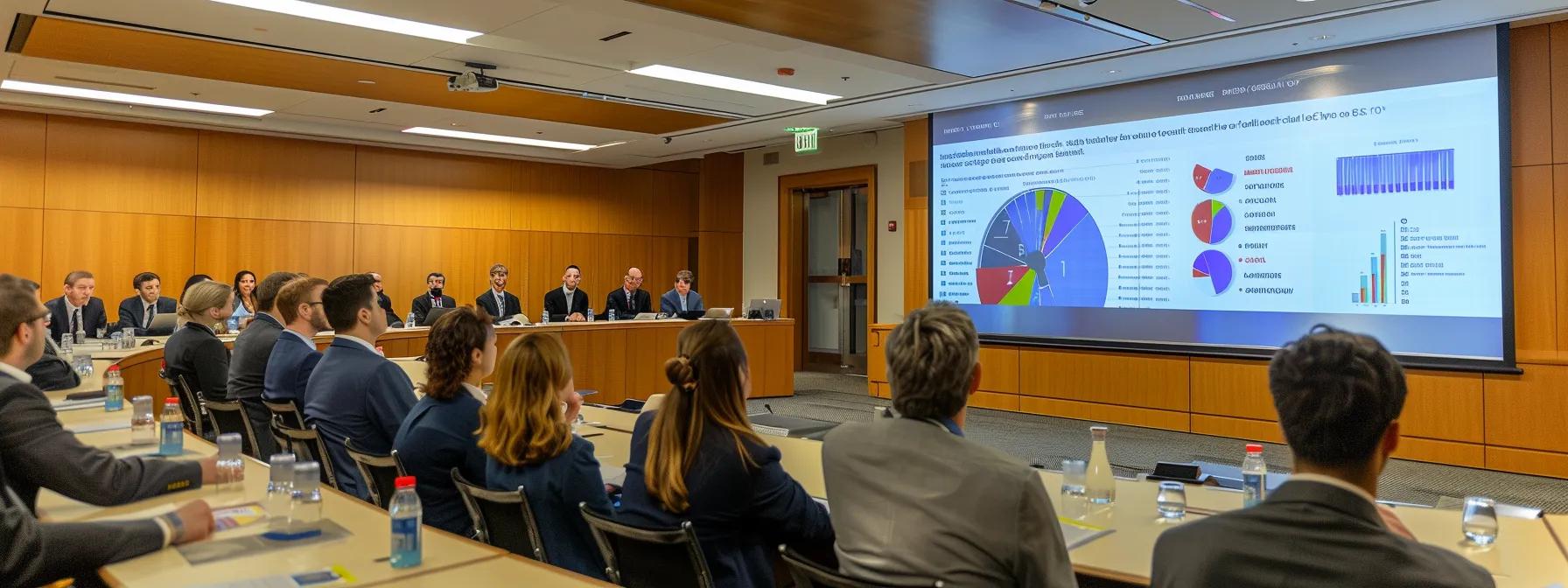 a sleek, modern conference room features a large digital screen displaying a dynamic infographic of arbitration timelines, with focused professionals engaging in a high-stakes discussion about leveraging investor-state dispute settlement mechanisms for rapid resolutions.
