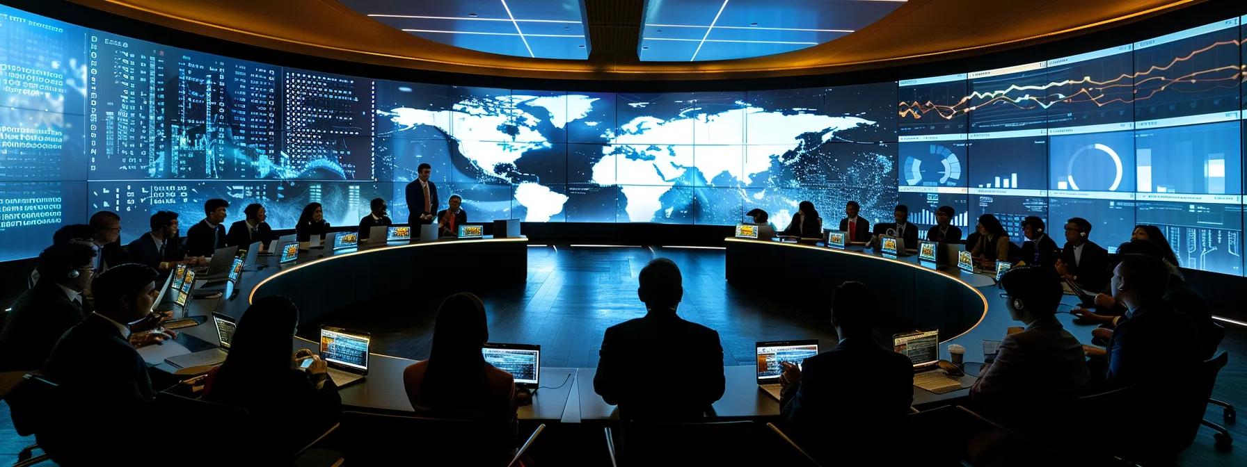 a sleek, modern office conference room showcases a diverse group of legal and financial experts engaged in an intense discussion, surrounded by digital screens displaying complex data and legal frameworks relevant to cross-border investment risk management.