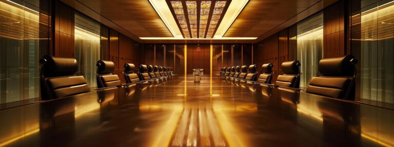 a sophisticated, modern office environment featuring a polished conference table surrounded by engaged professionals discussing strategies to protect international investments, illuminated by sleek overhead lighting emphasizing the urgency and importance of the topic.