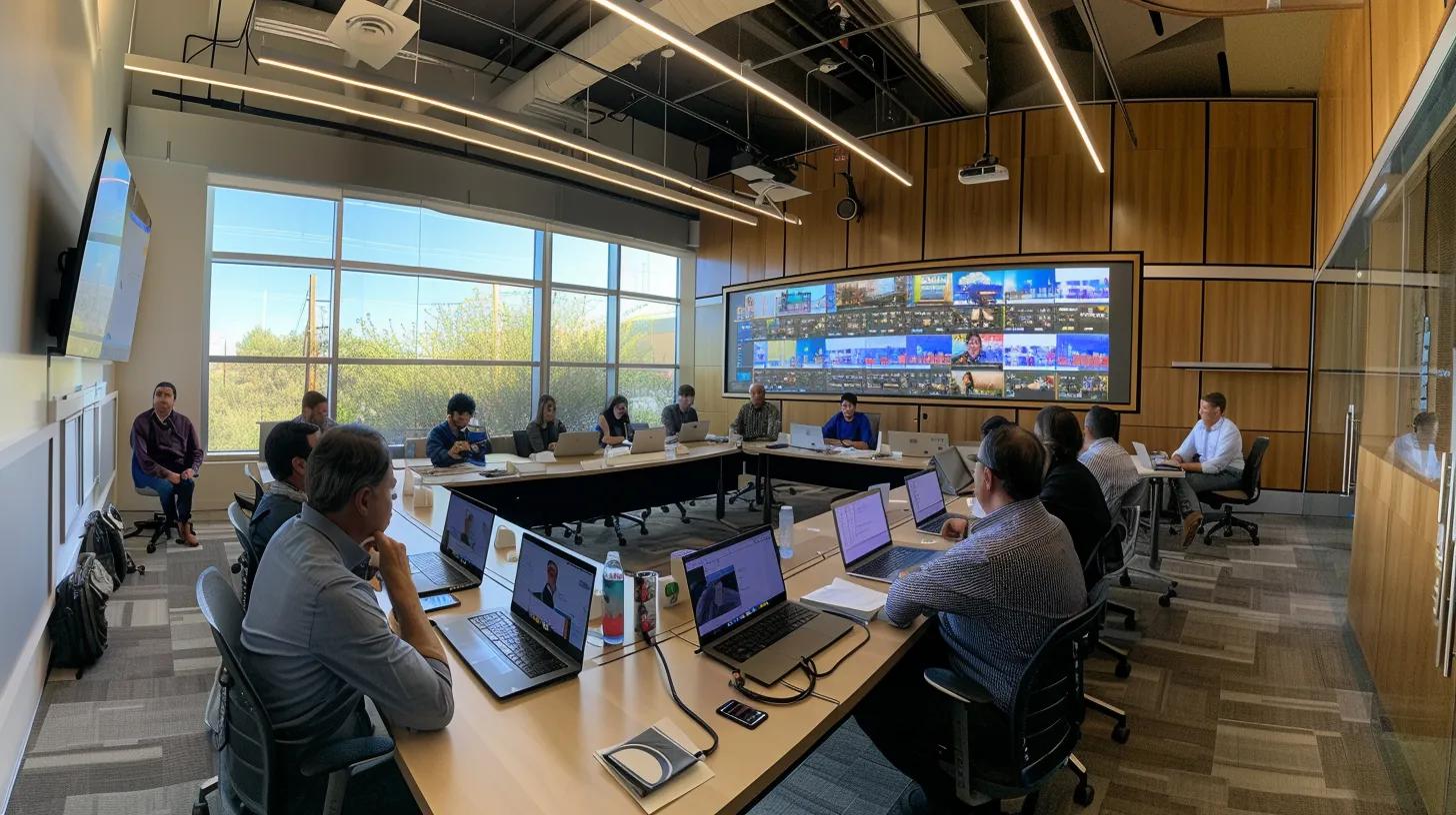 a bustling office environment showcases a dynamic team engaged in strategic discussions around a large conference table, surrounded by documents and digital devices, emphasizing collaboration and problem-solving in the complex icdr filing process.