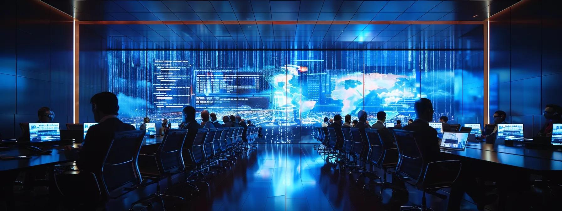 a dynamic conference room filled with business professionals intently analyzing a large digital display of international treaties and investment agreements, highlighting the complexities of host state obligations in the nuclear power sector.