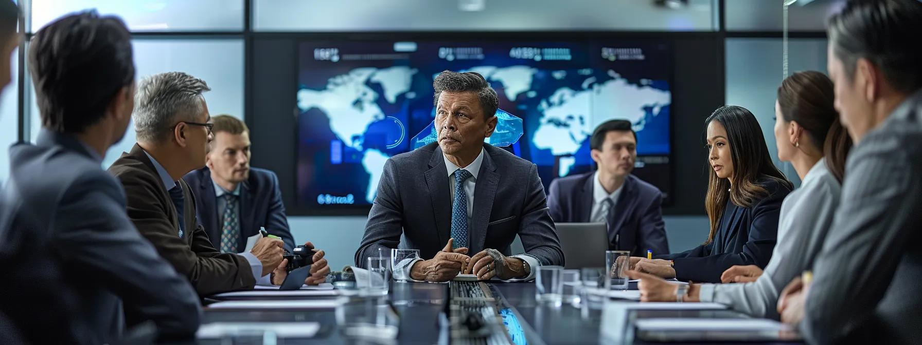 a dynamic corporate meeting unfolds in a sleek, high-tech conference room, where executives engage in a strategic discussion surrounded by digital screens displaying nuclear power investment data and risk management strategies.