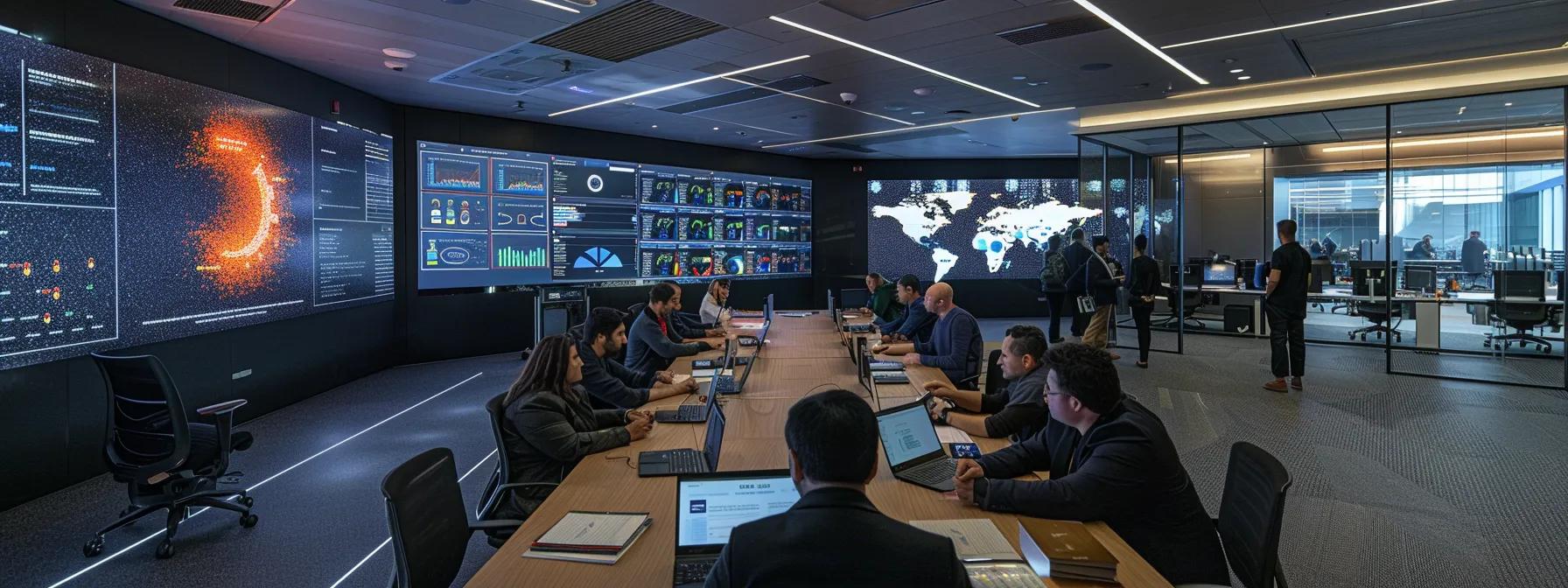 a dynamic office setting featuring professionals engaged in animated discussions around a sleek conference table, with charts and screens displaying complex data related to isds mechanisms in the nuclear power and energy sector.