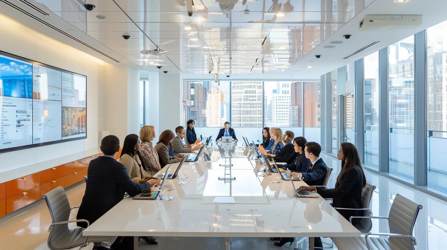 a modern office setting features a sleek conference table surrounded by engaged professionals discussing a large digital screen displaying a clear infographic on icdr filing processes and associated costs.