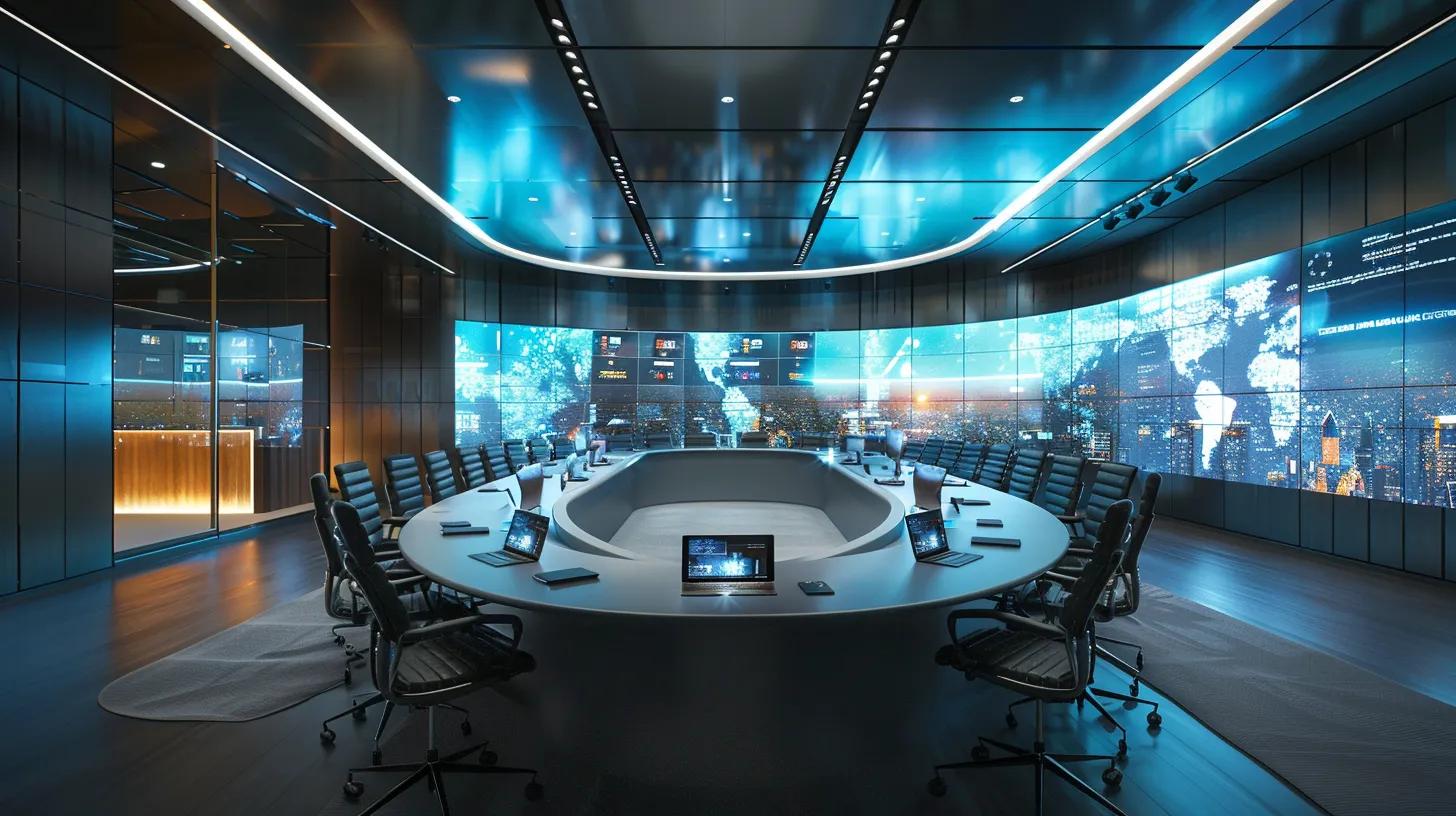 a modern, sleek conference room showcases a diverse panel of legal experts engaged in an interactive virtual hearing, with holographic displays illustrating digital transformation trends in international dispute resolution.