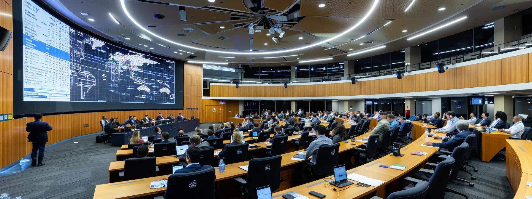 a sleek conference room bustling with professionals engaged in a strategic discussion, illuminated by sharp overhead lights and displaying detailed charts on a digital screen, highlighting key strategies to protect foreign direct investment in nuclear power projects.