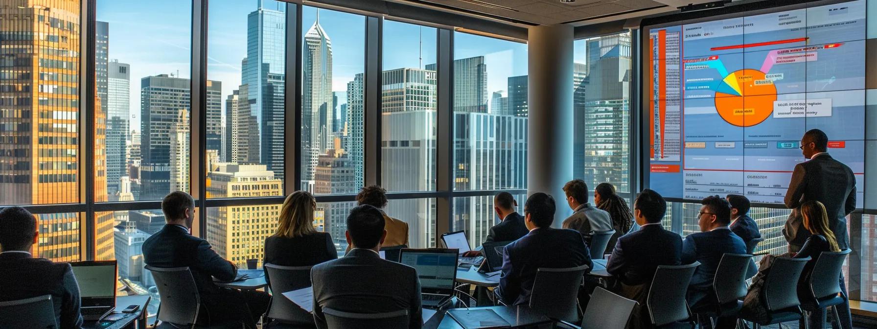 a sleek, modern conference room with large screens displaying graphs and maps, where a diverse group of professionals in business attire intensely analyzes the risks associated with foreign direct investment in nuclear power amidst a backdrop of city skyscrapers.