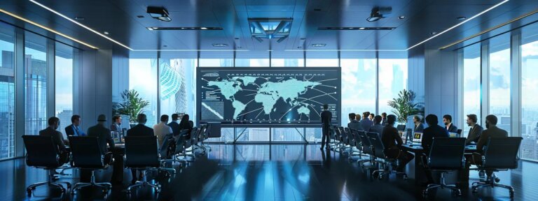 a sleek, modern conference room filled with professionals engaged in a strategic discussion on nuclear power foreign direct investment, with a digital presentation highlighting key protective measures and isds prominently displayed on a large screen.