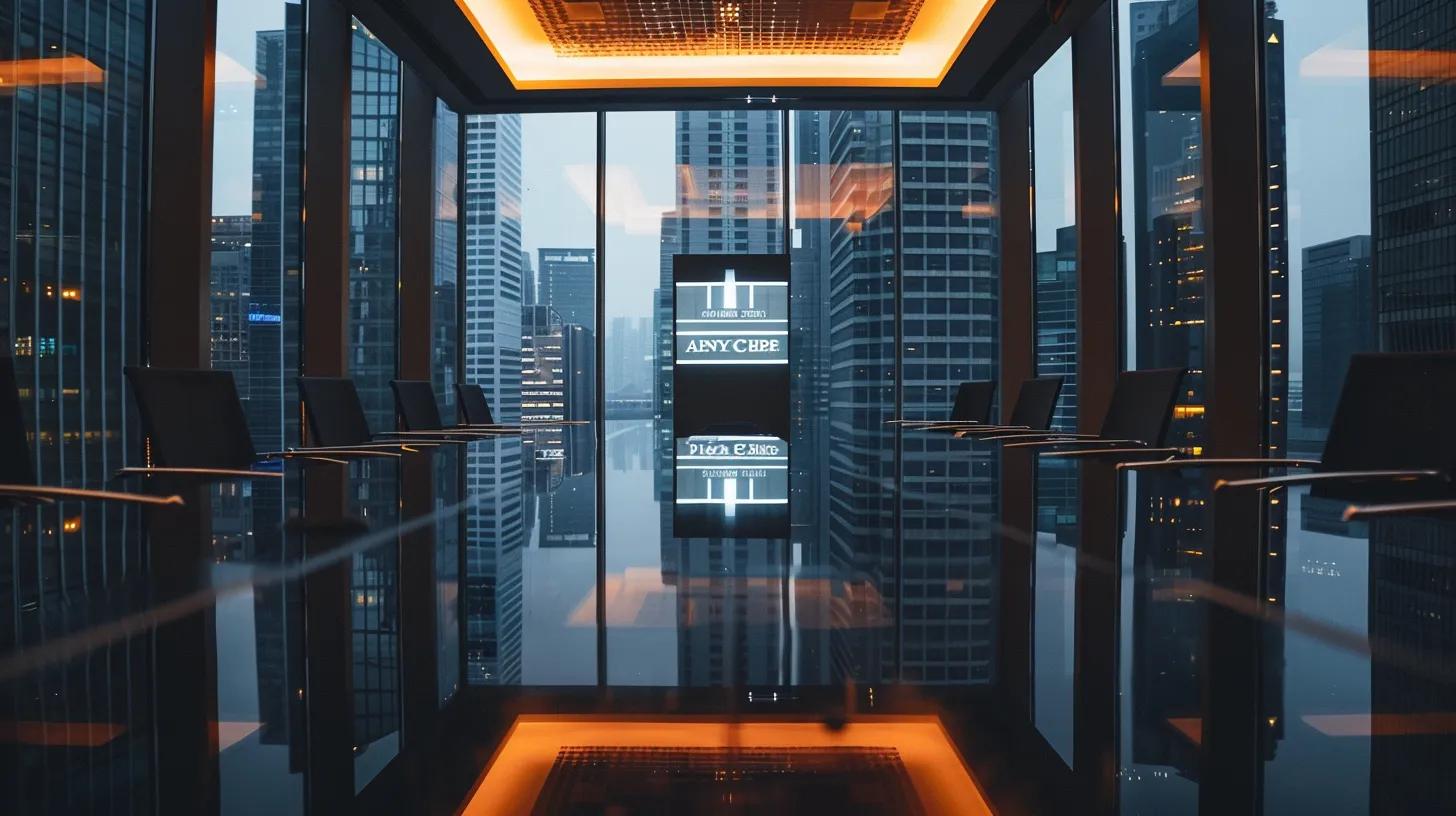 a sleek, modern conference room with a large, polished table and a prominent digital screen displaying the icdr logo, set against a backdrop of urban skyscrapers, emphasizing the professionalism and precision of international dispute resolution processes.