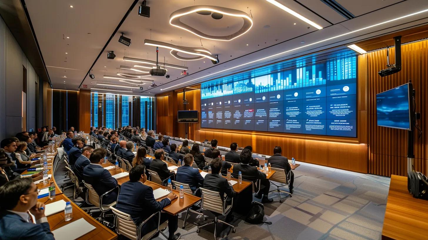 a sleek, modern conference room filled with professional investors engaged in a strategic discussion, illuminated by bright overhead lighting, with a large screen displaying the key benefits of icdr filing in a clear, bold format.
