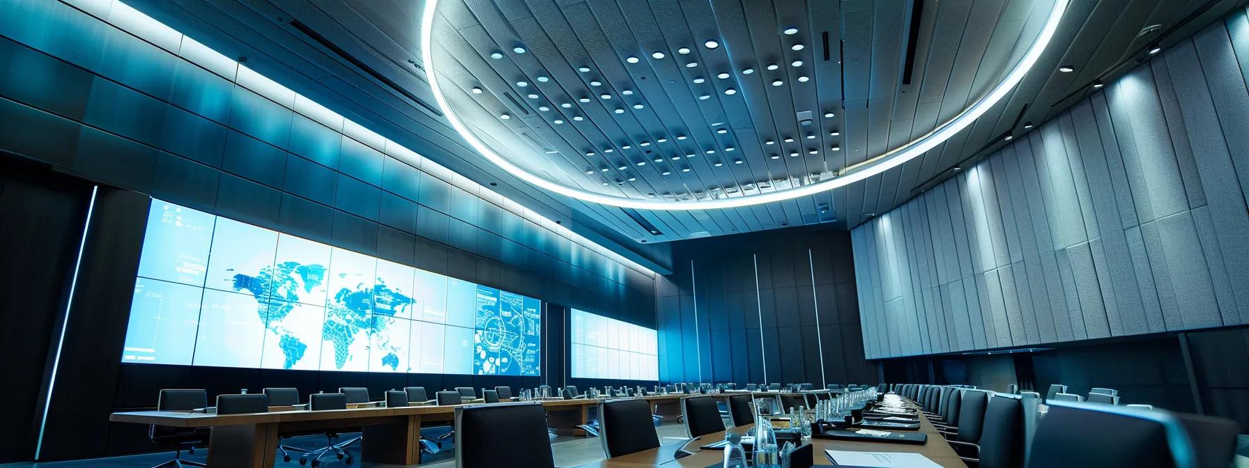 a sleek, modern conference room filled with engaged professionals discussing large-scale nuclear power investments, illuminated by bright overhead lighting and equipped with digital screens displaying regulatory frameworks and investment strategies.