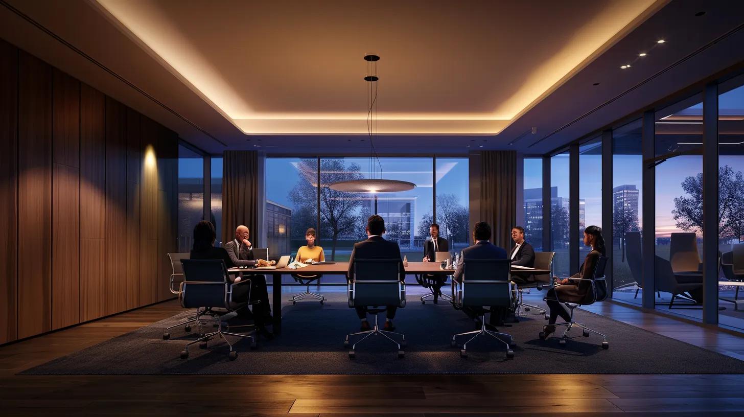 a sleek, modern office conference room is illuminated by ambient light, where a diverse group of professionals intensely engage in a discussion around a table, emphasizing strategic planning and collaboration on international dispute resolution through icdr filing.