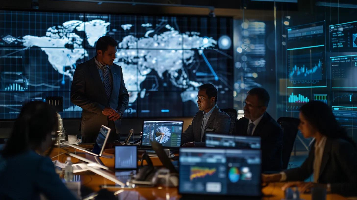 a sleek, modern office conference room showcases a diverse group of professionals engaged in a focused discussion, illuminated by warm, ambient lighting as they analyze complex charts and documents reflecting international trade agreements and dispute resolution strategies.