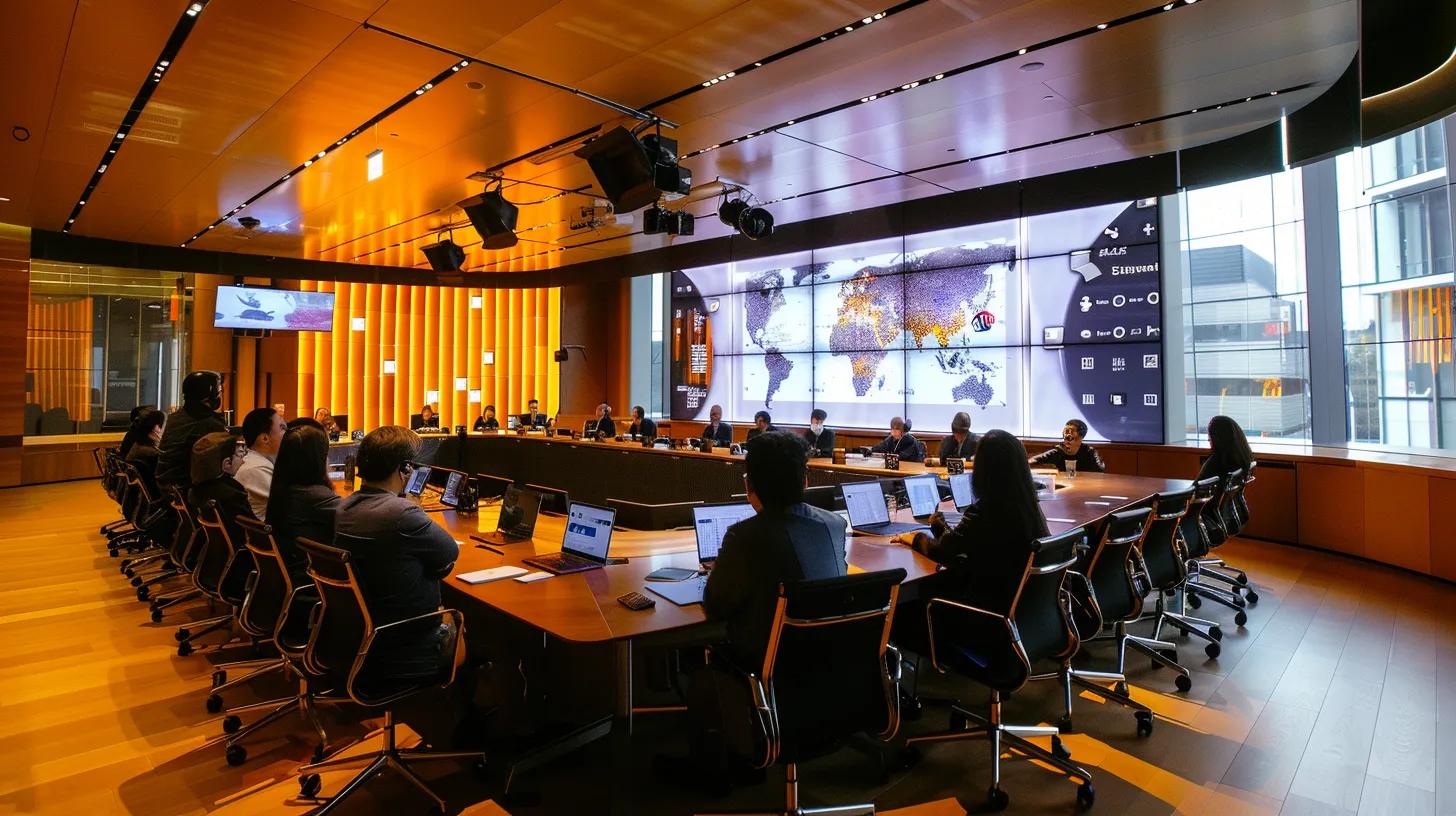 a sleek, modern office conference room filled with professionals engaged in a focused discussion, with a large digital screen displaying a detailed breakdown of icdr filing costs and structures.