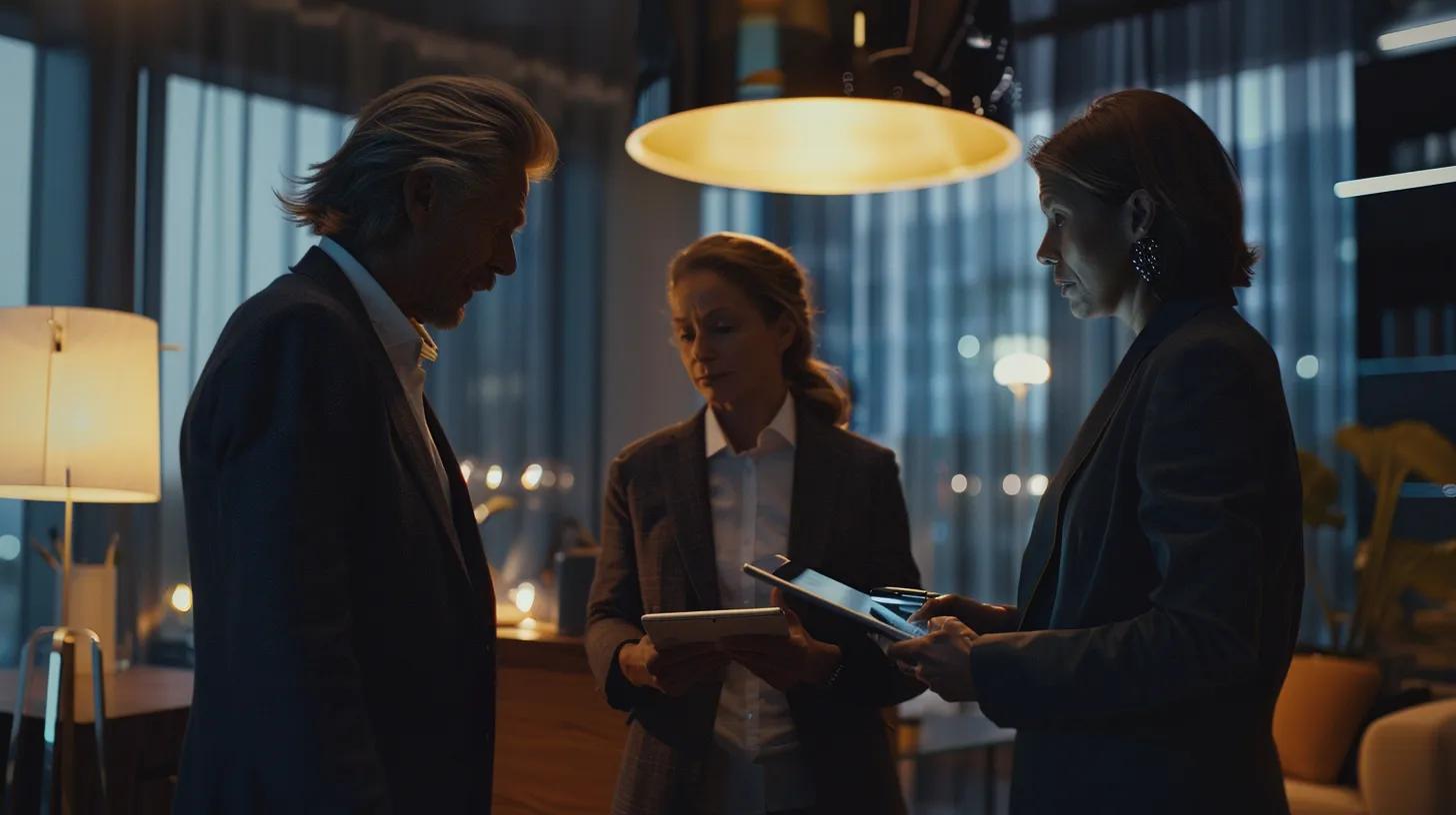 a sleek, modern office setting showcases a diverse group of professionals engaged in an animated discussion around a digital tablet, emphasizing collaboration and technological innovation in the context of efficient icdr filing processes.