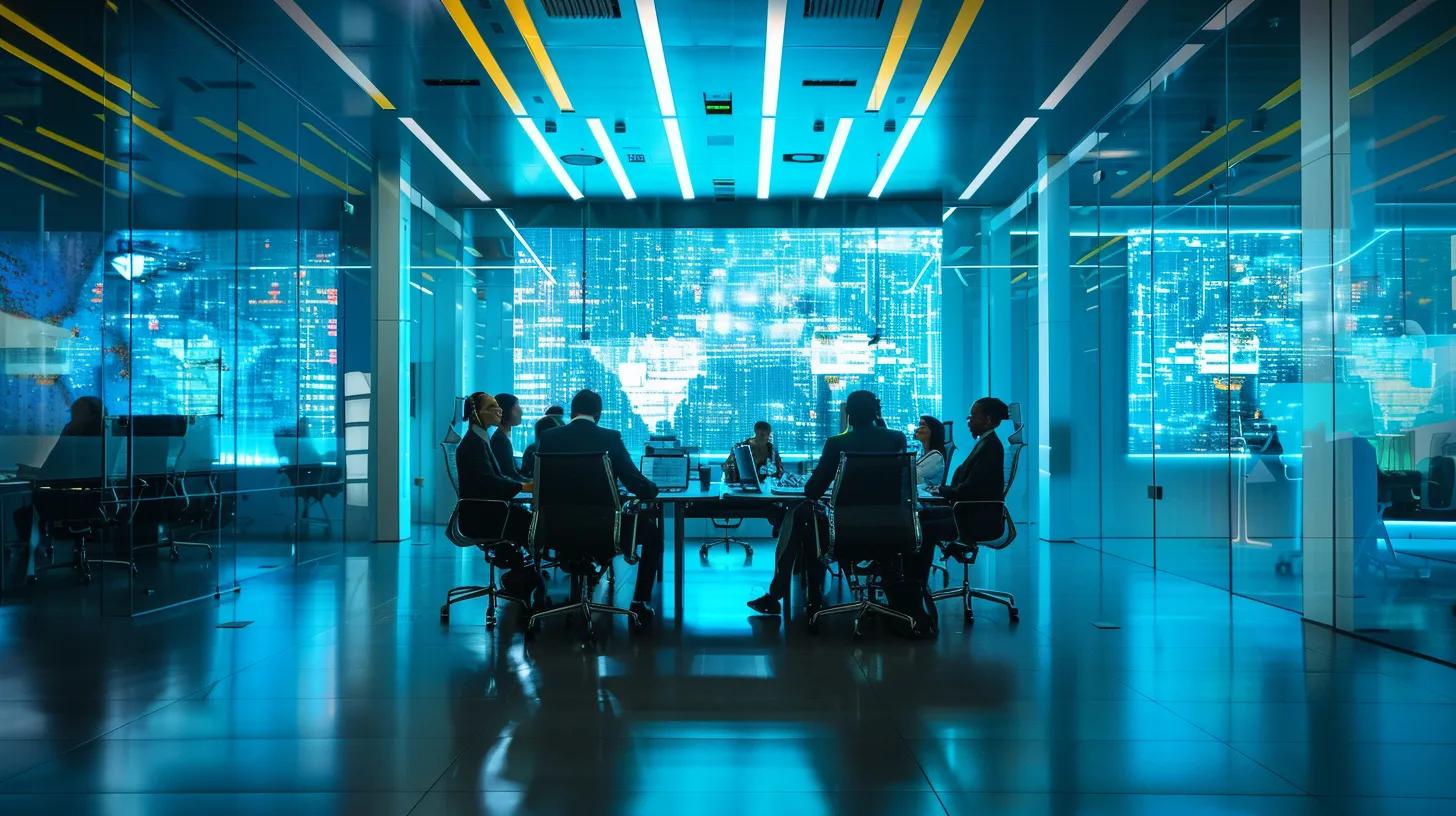 a sleek, modern office space featuring professionals engaged in a digital arbitration meeting, with high-tech screens displaying complex legal documents and a virtual panel of experts, illuminated by dynamic led lighting to convey innovation and efficiency in international dispute resolution.