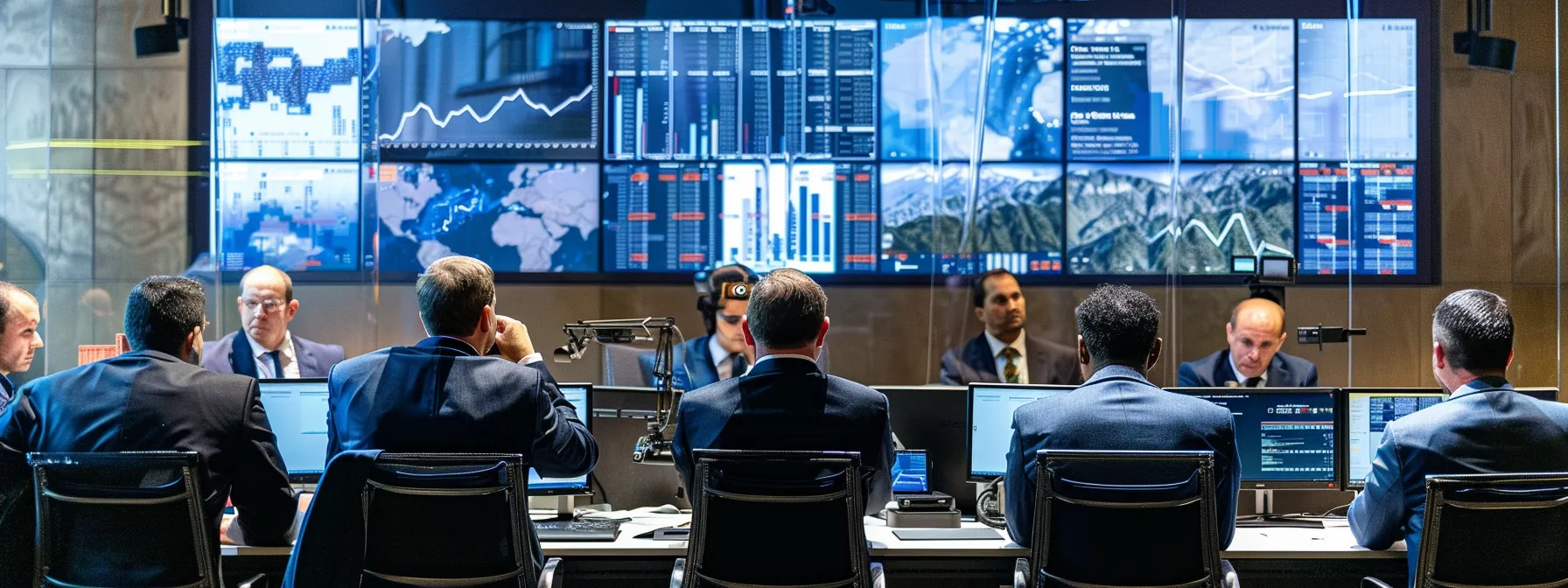 a diverse group of business professionals discussing mining regulations and dispute resolution in a modern conference room filled with technological gadgets and charts.
