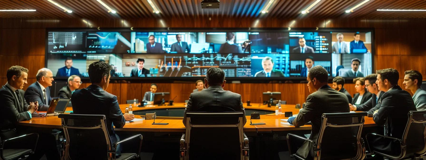 a focused corporate boardroom setting features diverse professionals engaged in a strategic discussion, surrounded by digital displays showcasing the complexities of investor-state dispute settlement (isds) procedures in nuclear power investment, illuminated by sharp overhead lighting that emphasizes their concentrated expressions.