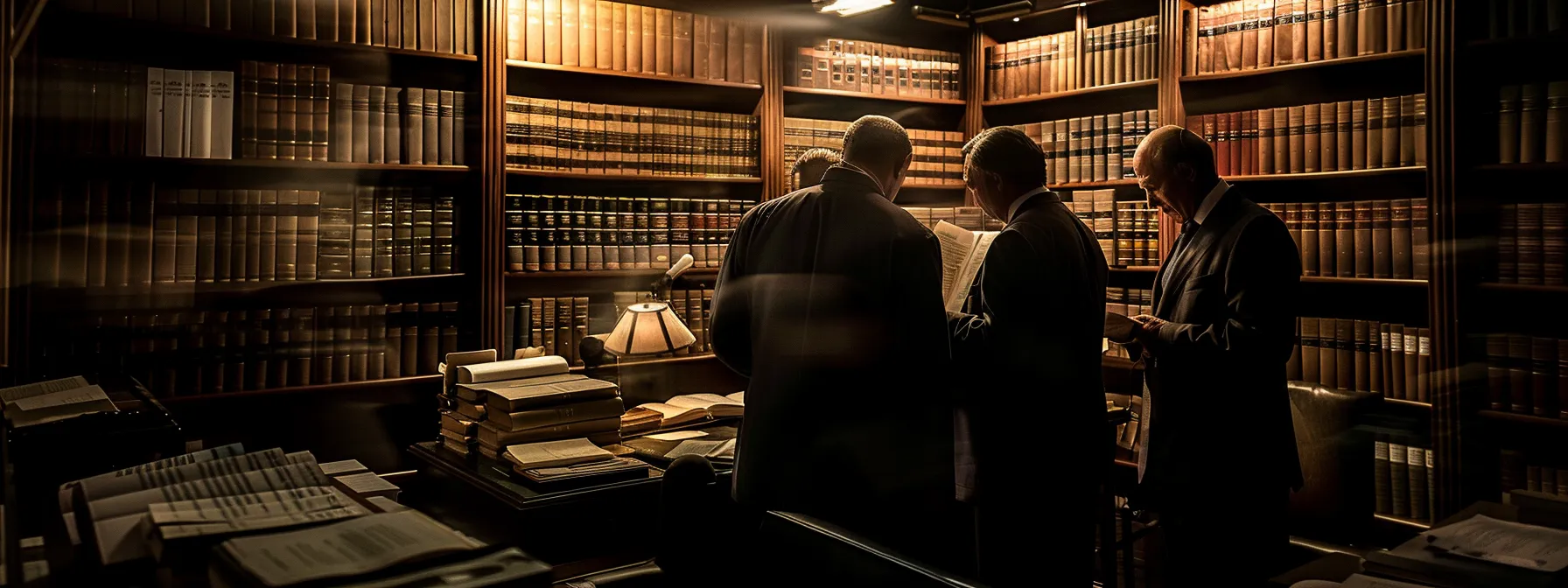 a group of arbitrators in a dimly lit room, surrounded by shelves of legal texts and documents, deliberating on a complex mining dispute case.