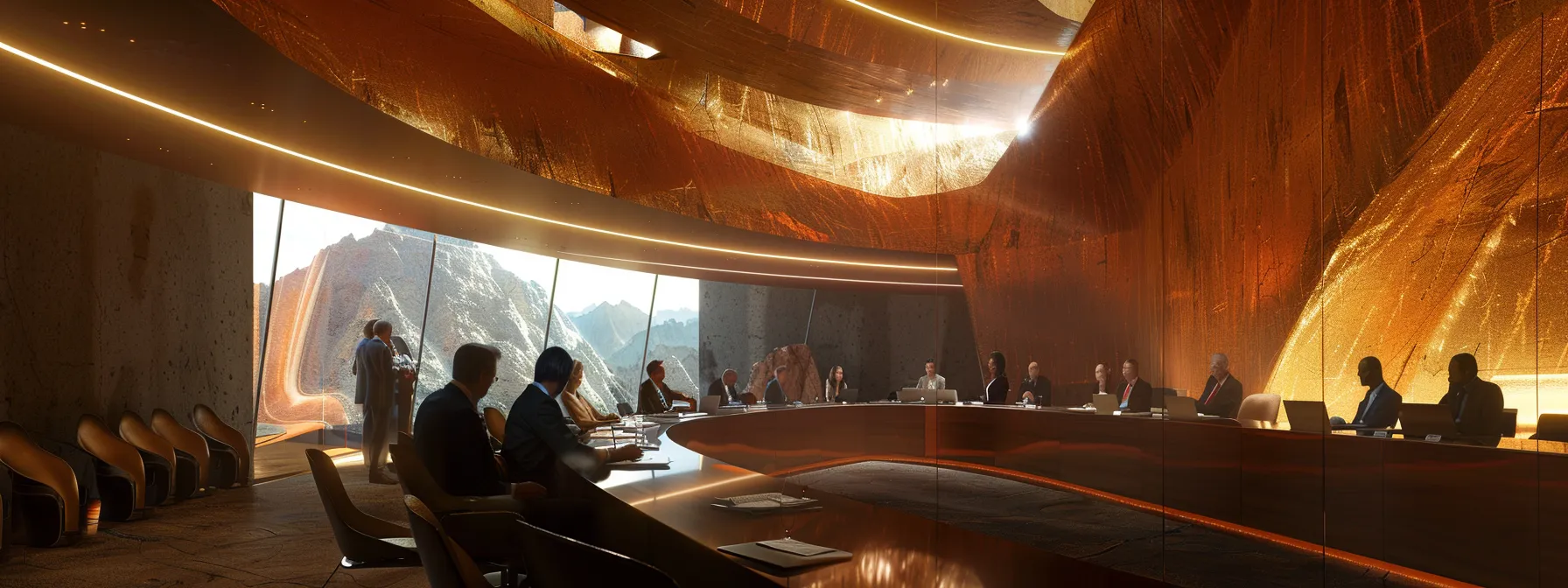 a group of investors in a meeting room, reviewing legal documents and discussing contractual protections with host government representatives in a mining project setting.