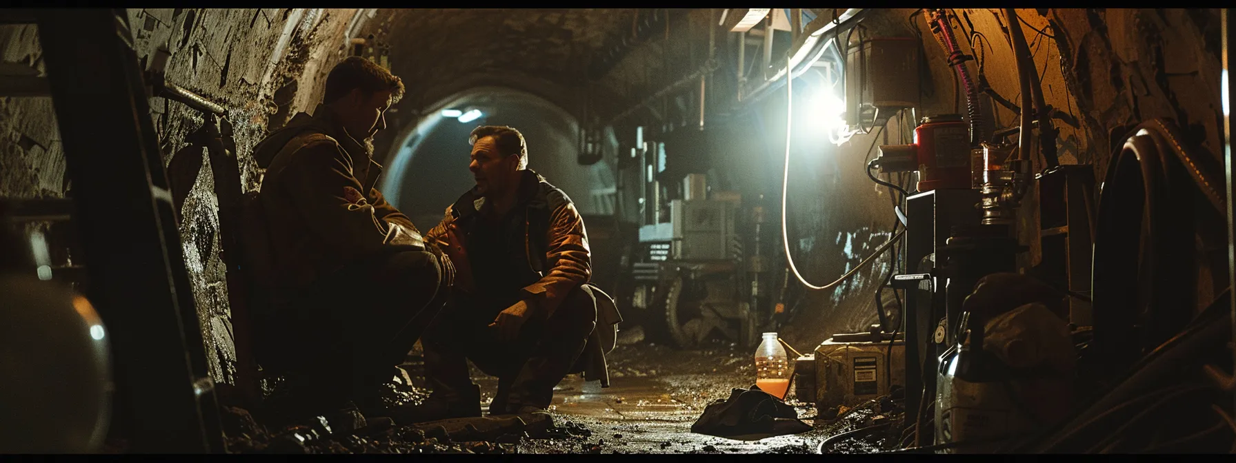 a heated discussion between two miners in a dimly lit underground tunnel, with tension visible on their faces as they argue over a dispute, surrounded by tools and equipment.