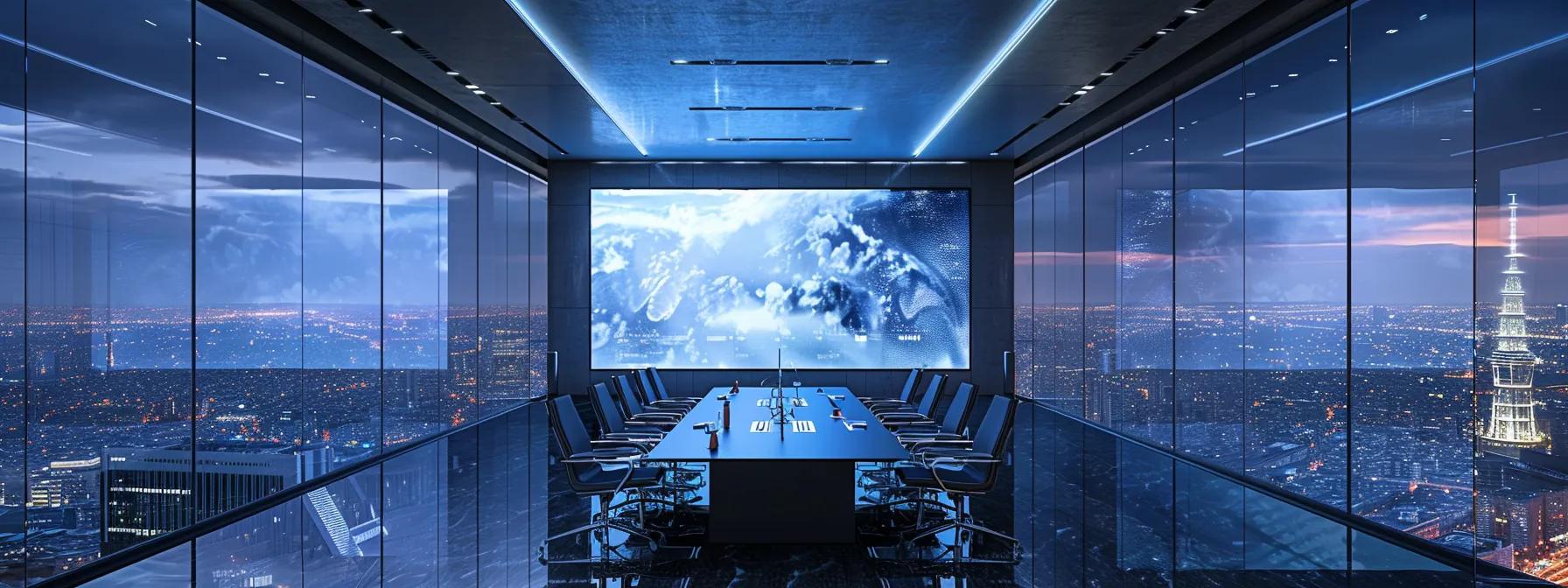 a sleek, modern conference room with a panoramic view of a city skyline, featuring an engaging presentation on a large digital screen showcasing advanced nuclear energy technology and investment trends, illuminated by bright, focused lighting that emphasizes the importance of innovation in the sector.