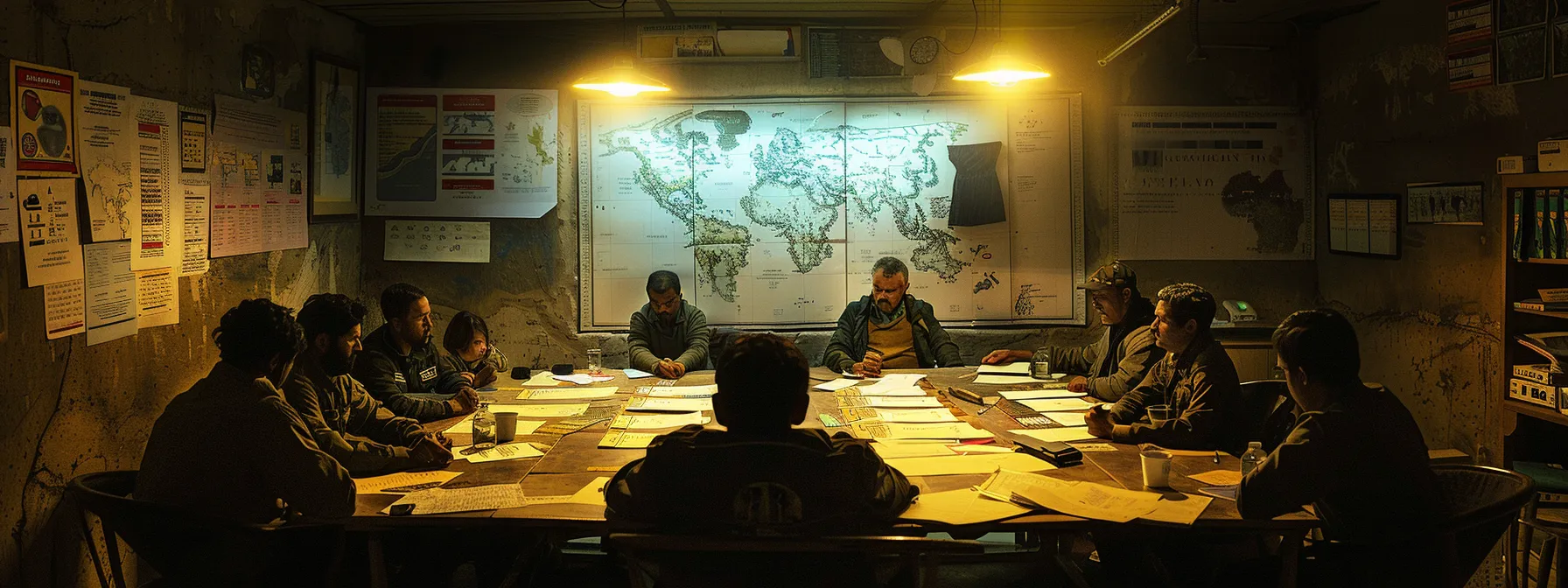 a tense meeting between miners and government officials in a dimly lit conference room, with maps and documents scattered across a large table, reflecting the complex issues of regulatory changes, environmental concerns, and disputes over permits.